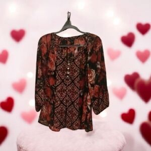 New Directions Red & Black Floral Sheer Blouse Button Neckline Size L